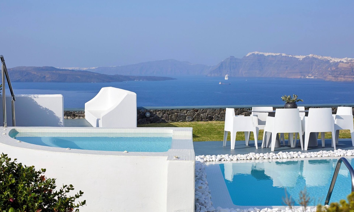 Akrotiri Villa | Serenity View Villa with Caldera view, heated pool & hot tub in private garden
