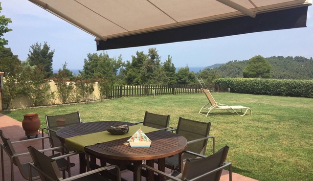 Hill summer villa is surrounded by pine tree forest. Access to private beach